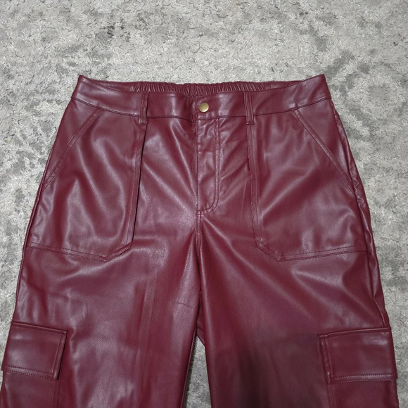 WILD FABLE Faux Leather Burgundy Wine Wide Leg Cargo Pants, Elastic Back Waist - Picture 11 of 16
